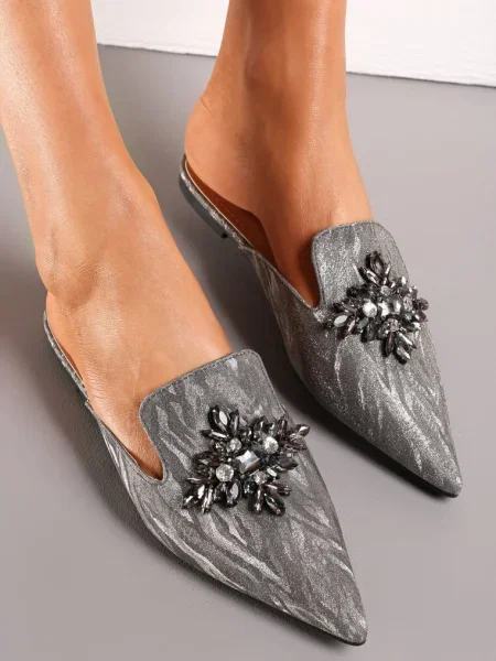 Papuci Mule Strălucitoare cu Aplicație de Zirconiu Ailline gri