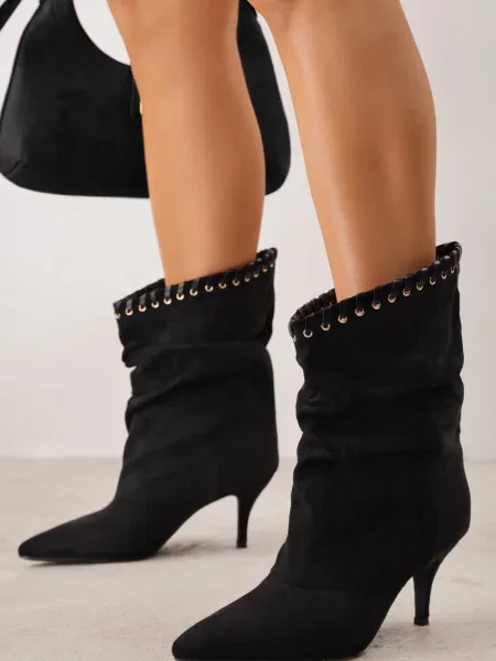 Botine Slouchy cu stiletto din imitație de piele întoarsă cu ochiuri metalice decorative Tallie negre