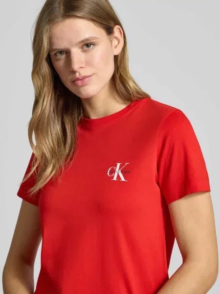 Top Calvin Klein Jeans z okrągłym dekoltem z autografem czerwony