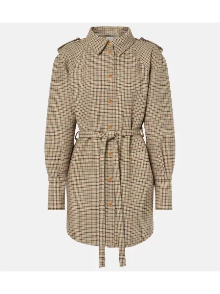 Sukienka koszulowa Patou w pepitkę flanelowa garniturowa brązowa
