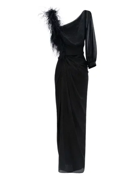 Sukienka maxi Gemy Maalouf w piórka asymetryczna czarna
