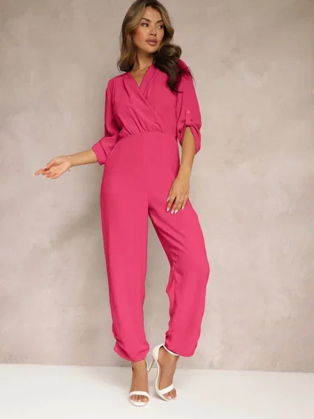 Fucsia Salopetă Lungă cu Drapat și Decolteu Tip Plic Jonitta roz