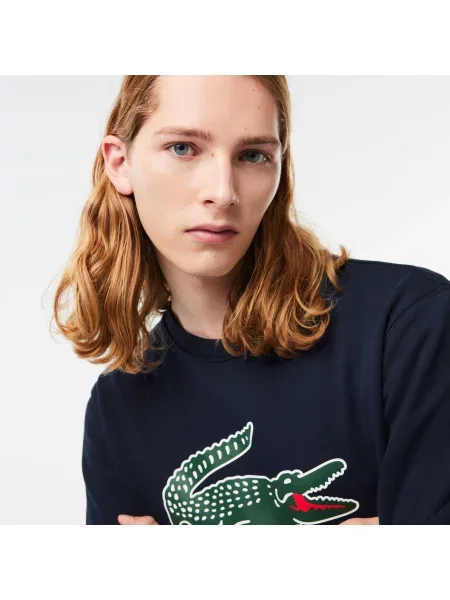 Lacoste Bluza Classic Fit Z Okrągłym Dekoltem I Nadrukiem granatowy