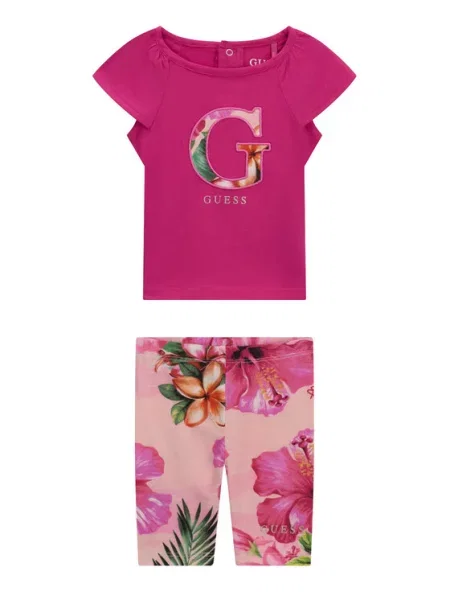 Guess Set tricou și leggings închis roz