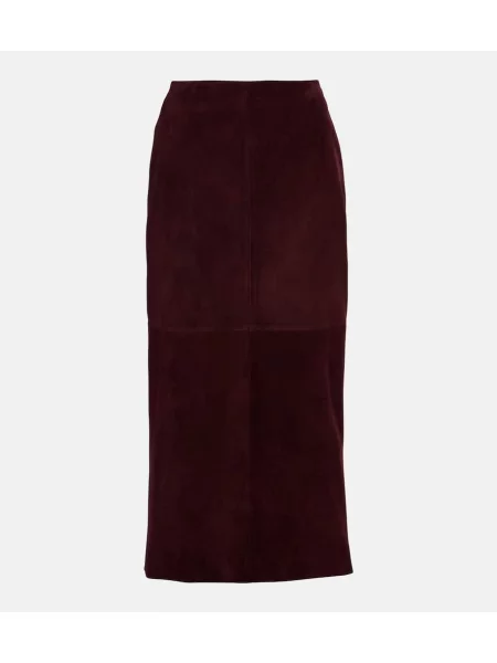 Fustă midi Nour Hammour din piele de căprioară până la genunchi bordo