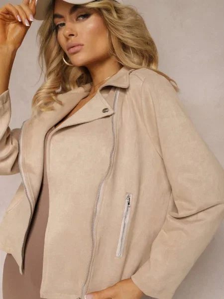 Jachetă asimetrică din imitație de piele întoarsă Kmiya bej