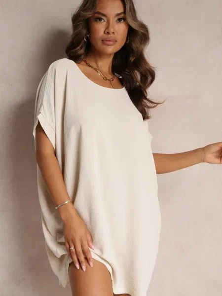 Boho Sukienka Mini o Fasonie Nietoperza z Okrągłym Dekoltem Maglia beżowa