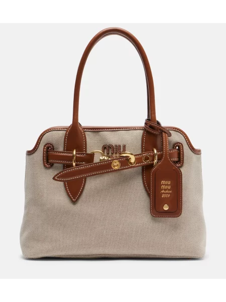 Geantă shopper Miu Miu din canvas bej