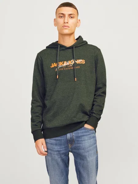JACK & JONES Mikina JJALVIS tmavozelená / tmavooranžová biela