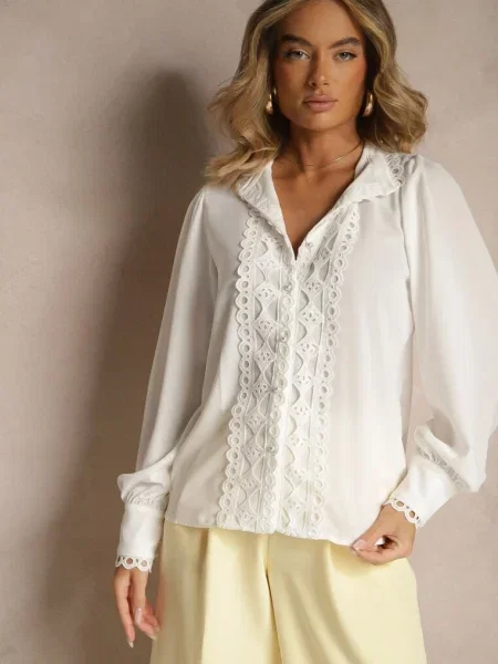 Cămașă Inhis cu Dantelă și Perle albă