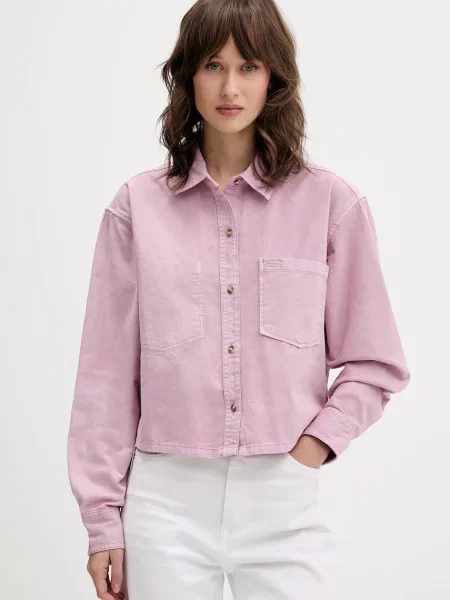 Дънкова риза Guess Jeans дамска със свободна кройка с класическа яка розово