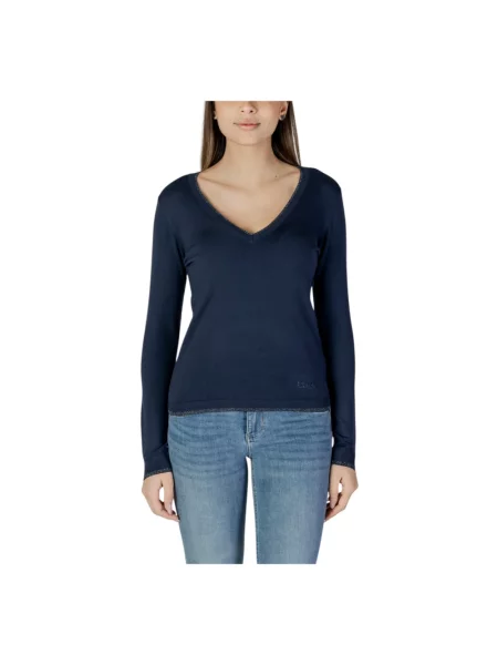 Dzianinowy sweter Liu Jo z dekoltem w serek niebieski