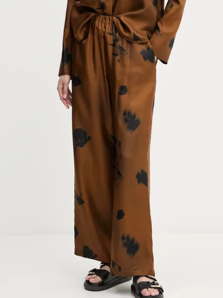 MM pantaloni de mătase HELGA lat high waist maro