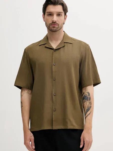 Ленена риза BOSS със свободна кройка зелено