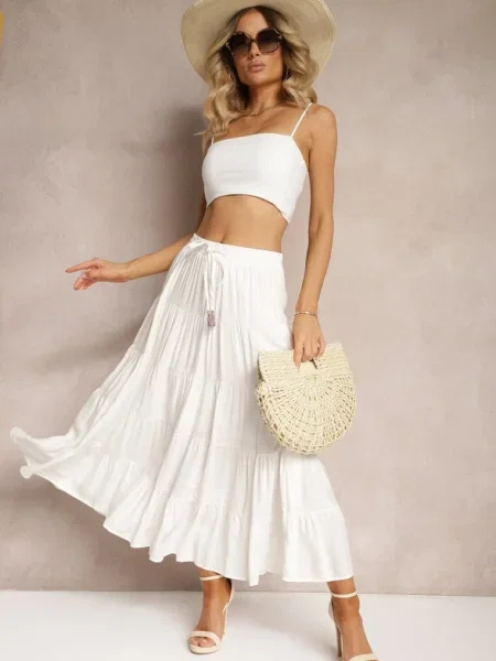 Fustă Crem de cu Talie Înaltă Cloș cu Fundă și în Talie Leceviana bej