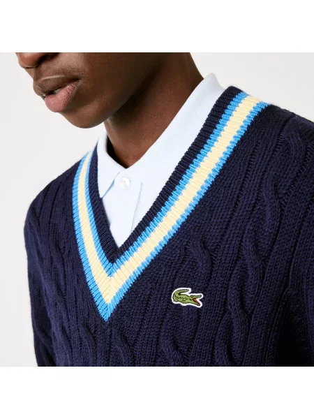 Lacoste Sweter Wełniany W Pasy W Kontrastowych Kolorach Z Dekoltem W Kształcie Litery V Classic Fit granatowy