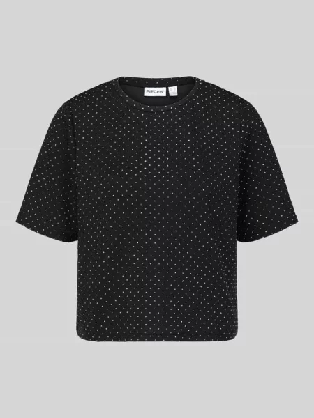 T-shirt z błyszczącym wzorem na całej powierzchni Pieces czarna