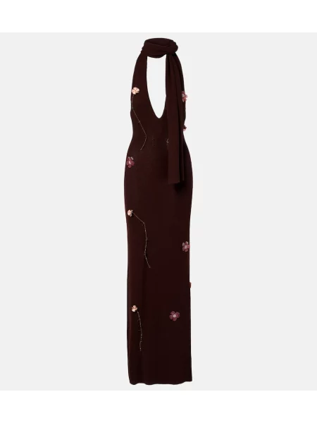Rochie maxi Aya Muse cu model floral tricotate maro
