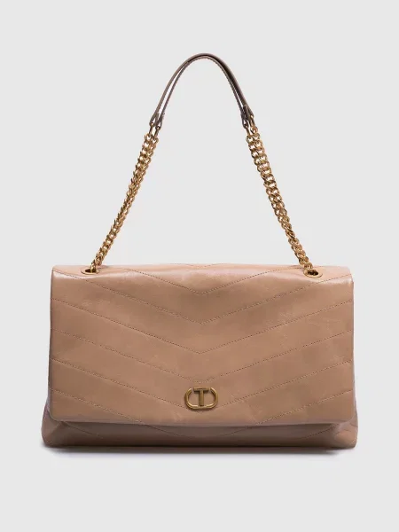 Шкіряна глянцева сумка з логотипом Twinset бежева