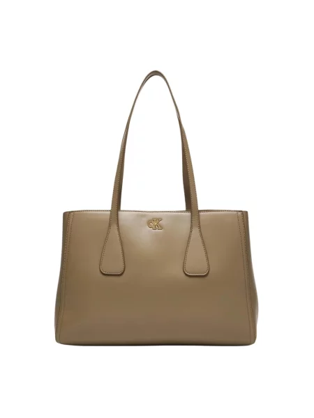 Torba tote z detalem z logo Ck Calvin Klein beżowa
