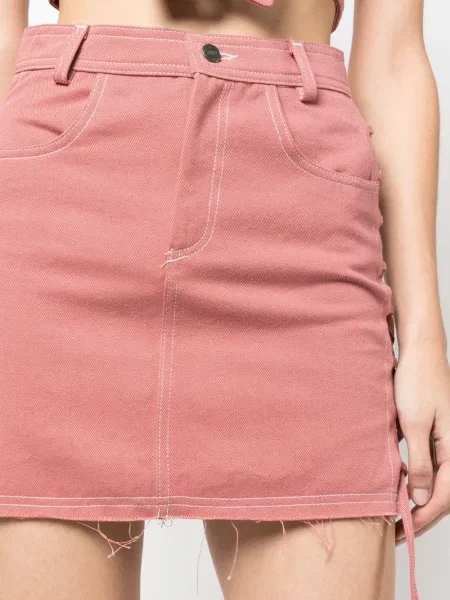 Fustă din denim Julfer cu șireturi din dantelă roz