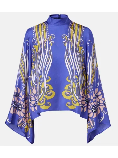 Bluză La Doublej din satin cu imagine albastru