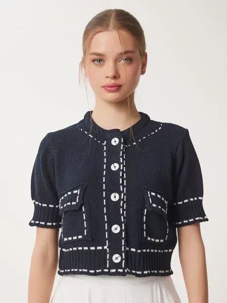 Happiness İstanbul Geacă tricotată albastru noapte alb