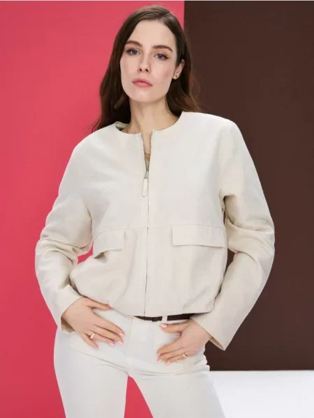 Легка бомбер куртка з домішкою та льону нюдовий