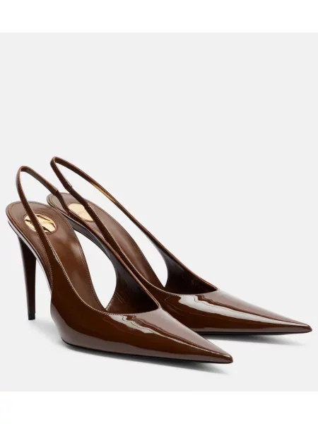 Pantofi cu toc Saint Laurent din piele de lac slingback maro