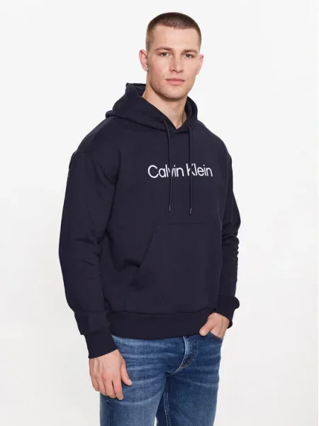 Суичър с качулка Calvin Klein с качулка с апликация тъмносиньо