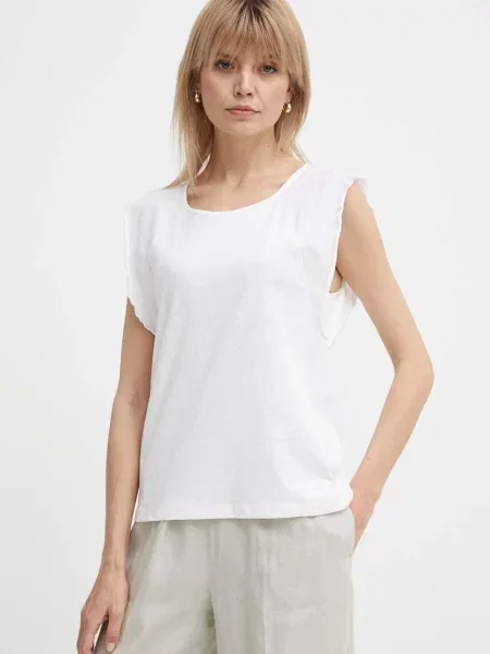 Ленена тениска Pepe Jeans KAI тюркоазено с двуредно закопчаване изчистен дизайн бежово