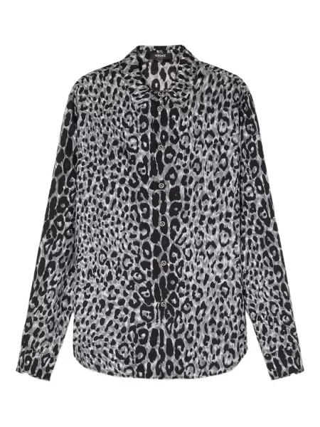 Копринена риза Versace с принт с леопардов принт сиво