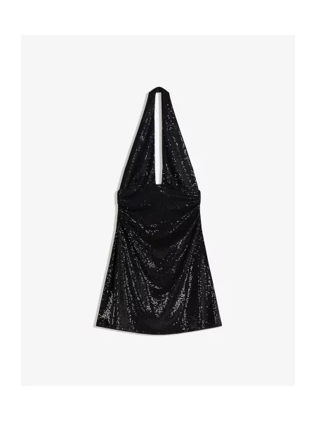 Bershka Rochie BASBER VESTIDO MINI C/HALTER FRUNCES BRILLO' negru