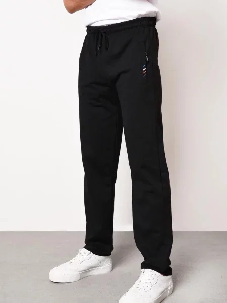 Pantaloni de trening Dewberry cu broderie cu buzunare cu fermoar negru