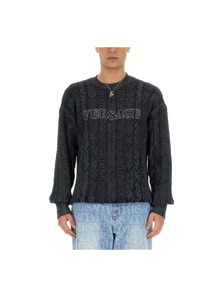 Dzianinowy sweter Versace z kamieniami szary