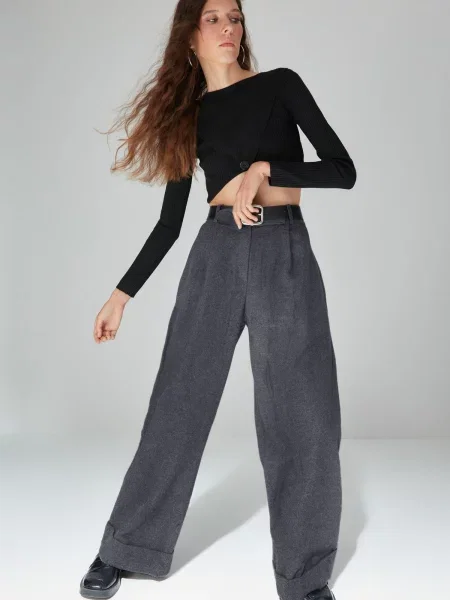 Pantaloni Trendyol cu talie înaltă gri