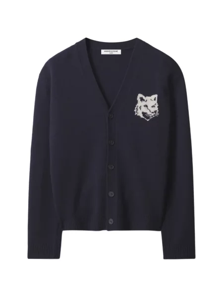 Cardigan Maison Kitsune de lână cu decolteu în V albastru