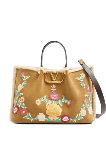 Geantă Valentino Garavani din piele de căprioară cu model floral