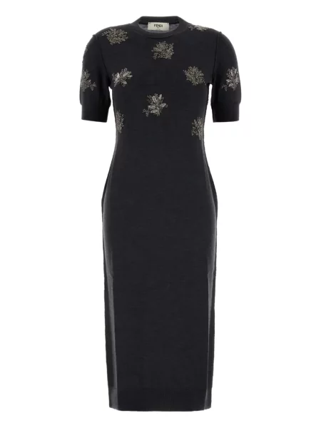 Rochie midi Fendi cu broderie cu model floral până la genunchi negru