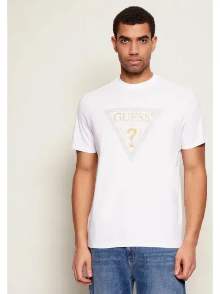 GUESS Tricou GOLDEN TRIANGLE | alb
