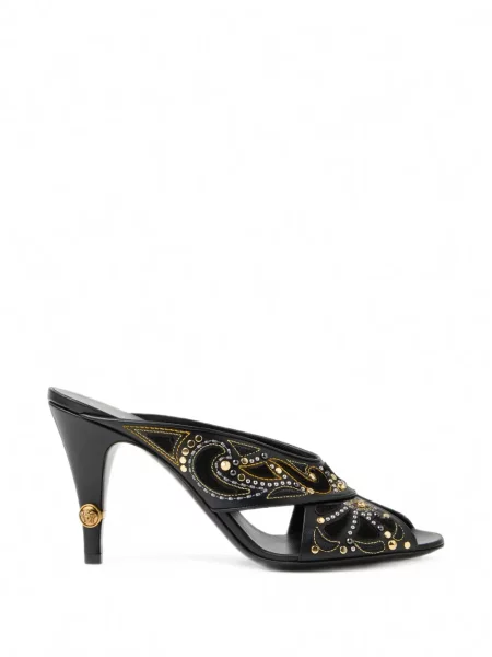 Papuci tip mules Versace cu broderie din piele negru