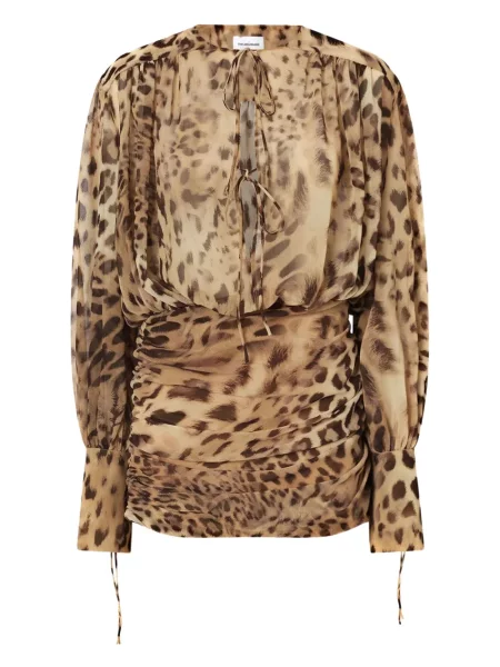 Sukienka mini The Andamane sznurowana z nadrukiem koronkowa brązowa