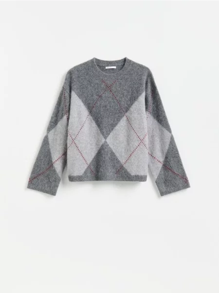Reserved Wełniany sweter w romby szary