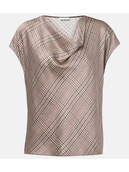 Jedwabny top Vince w pepitkę brązowy