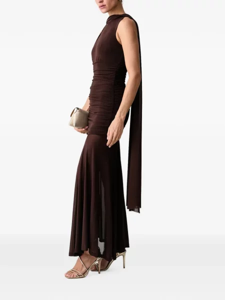 Rochie maxi Bardot cu volane drapată maro