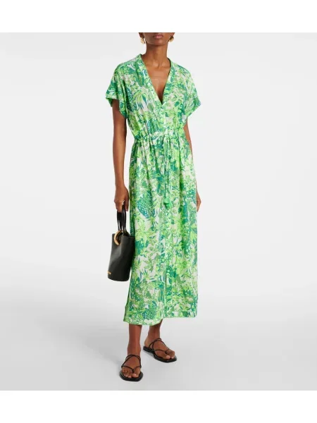 Rochie maxi Poupette St Barth cu imagine cu gât halter de costum verde