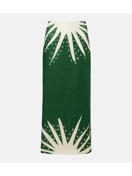 Lniana spódnica midi Cala De La Cruz z nadrukiem zielona