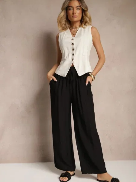 Spodnie Typu Palazzo o Szerokim Kroju High Waist Ozdobione Wiązaniem Yaslevia czarne