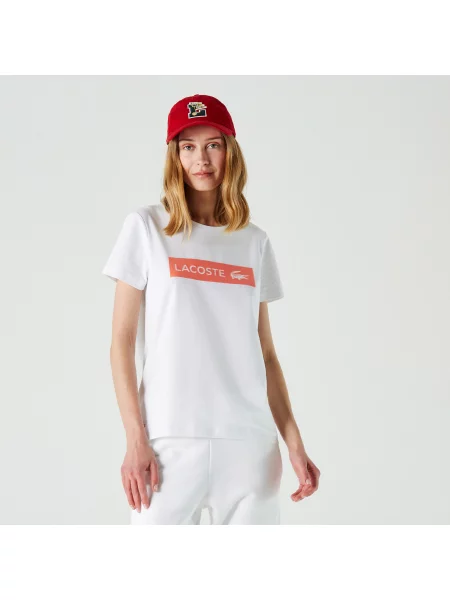 Lacoste Kadın Slim Fit Bisiklet Yaka Baskılı Beyaz T-Shirt biała