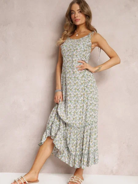 Rochie maxi cu bretele și volan Krosby verde